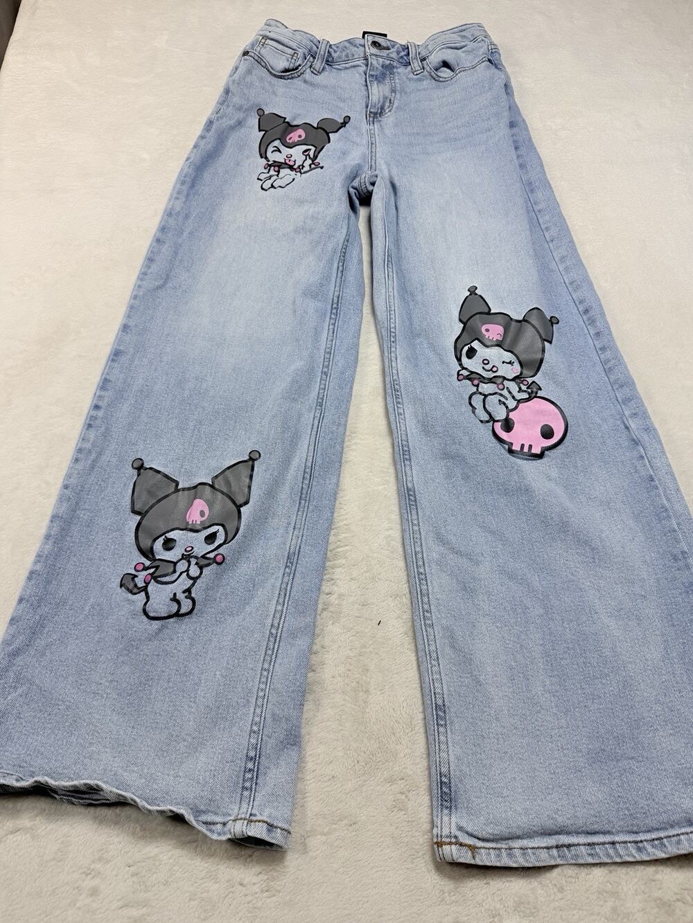 Sanrio Kuromi Wide Leg Jeans Light Wash Embroidered Graphic Women 30" Waist